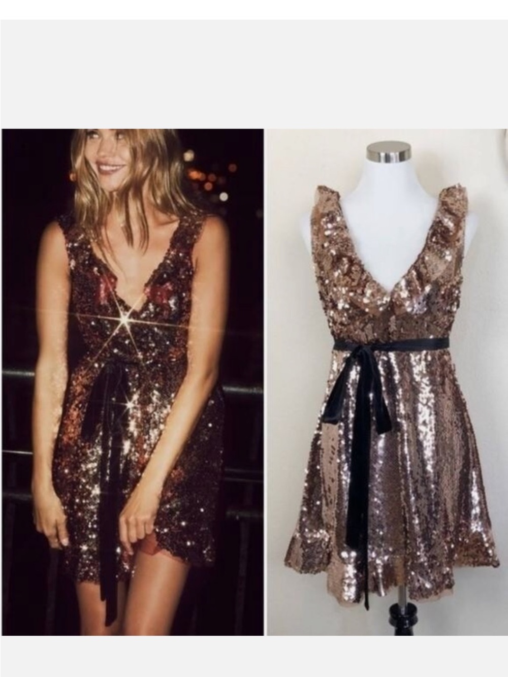 Free People Rose Gold Sequin V-Neck Mini Dress with Black Ribbon